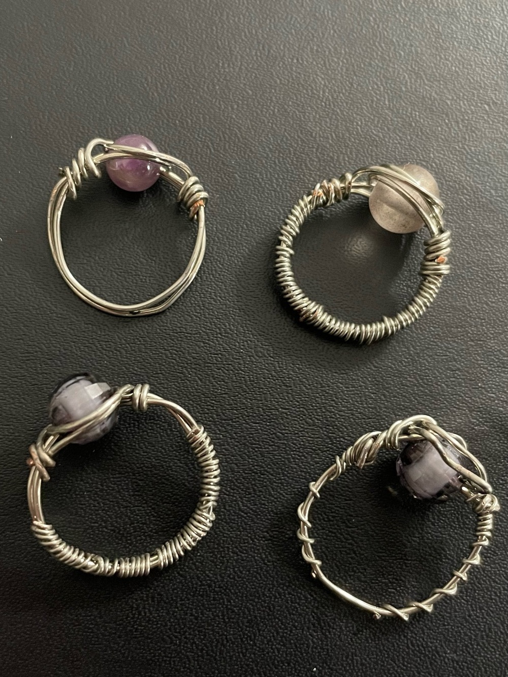 Handmade Silver Wire Ring with Purple and Gray Bead Accent